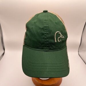 Ducks Unlimited Trucker Hat Green Tan Mesh Back Adjustable Hook Loop Strap Cap